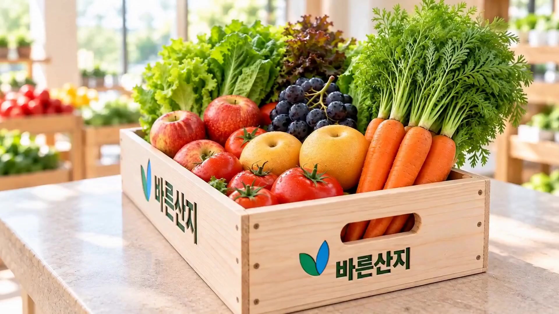 신선한 제철 과일과 채소를 담은 바른산지 농산물 상자