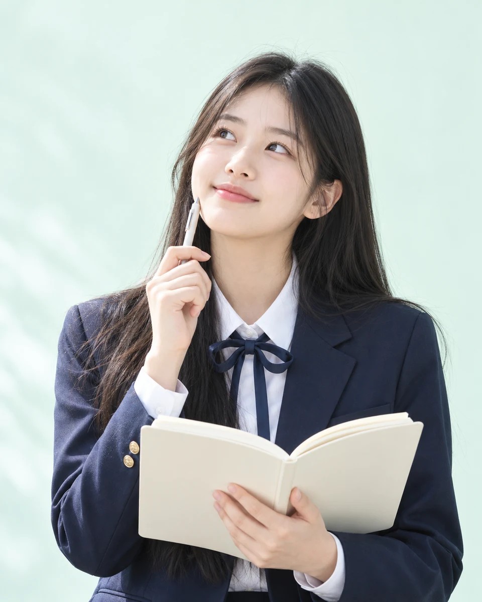 노트와 펜을 들고 미래를 생각하는 학생